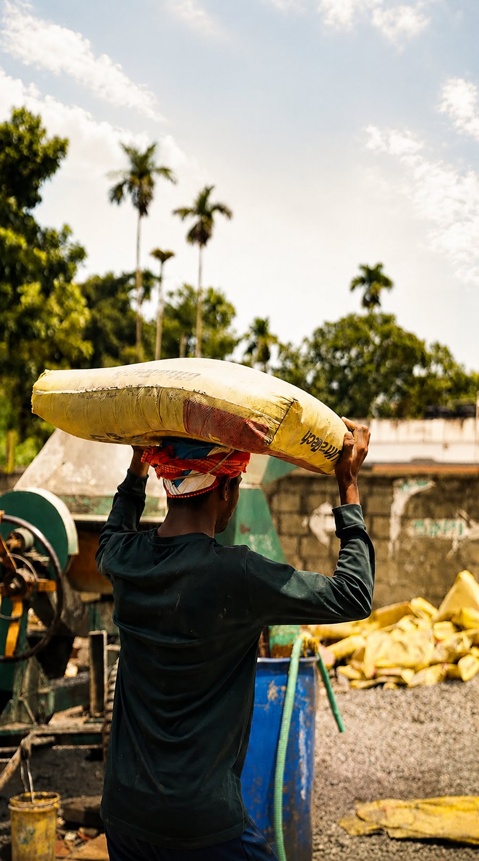 A worker carrying a cement bag across site