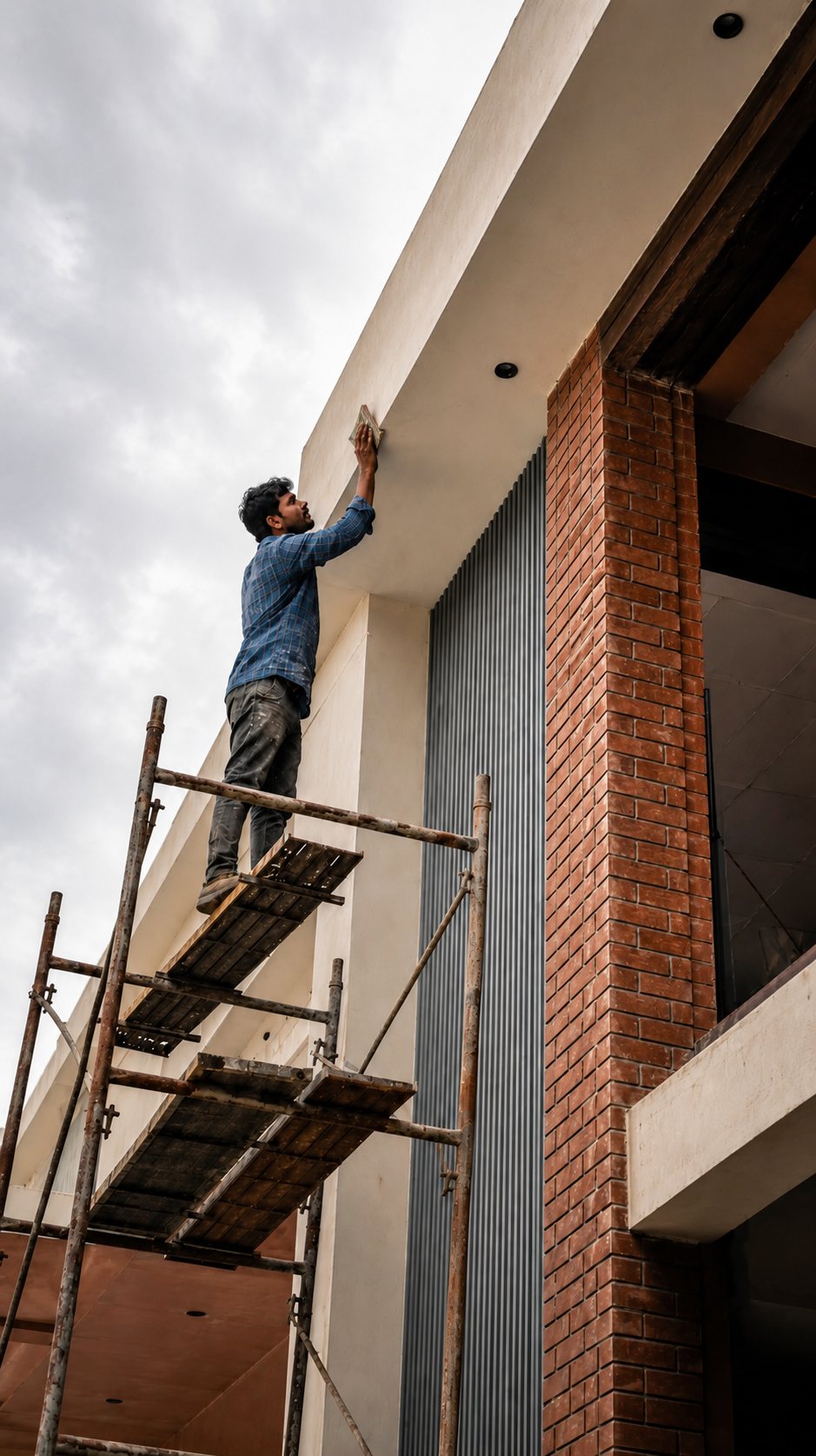 A worker finishing a facade from scaffolding