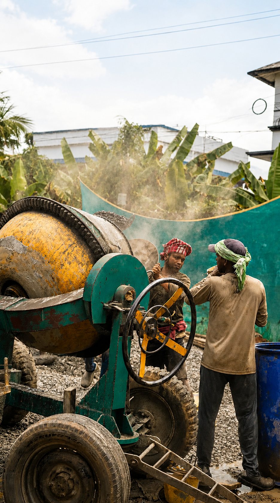 Workers charging a concrete mixer on a Tranquil Builders site