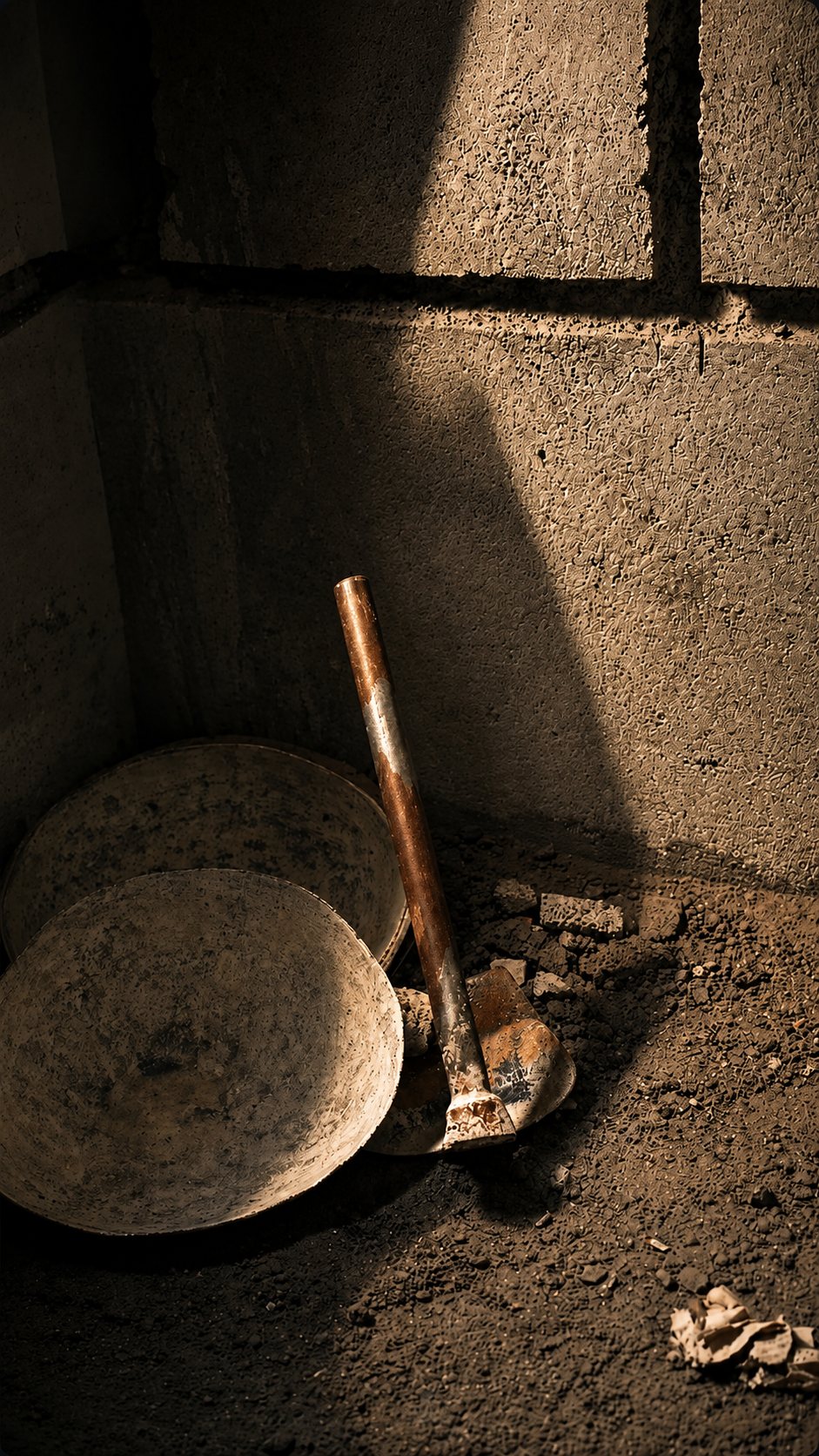 A mason's trowel and mixing pans in raking light
