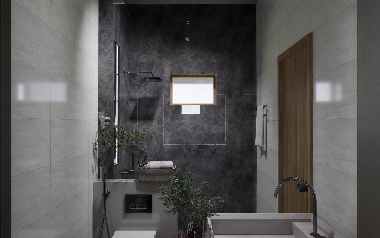 Dark stone and marble bathroom