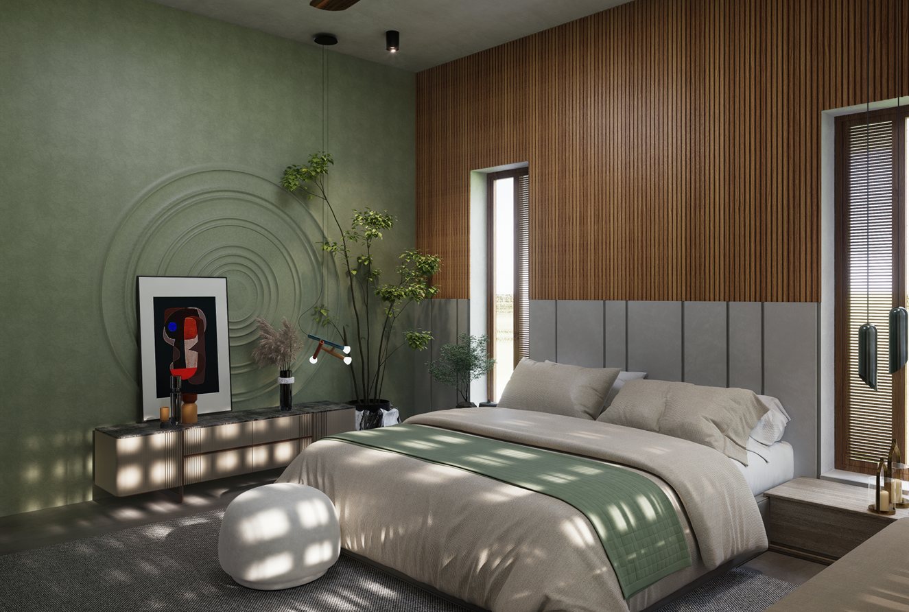 Bedroom with green accent wall and wood slats