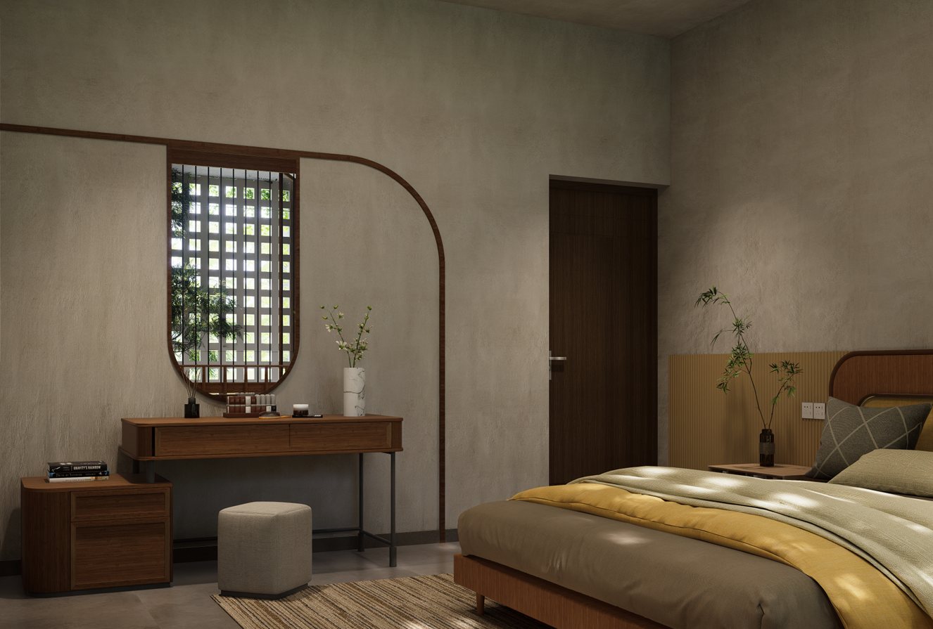 Serene bedroom with arched mirror