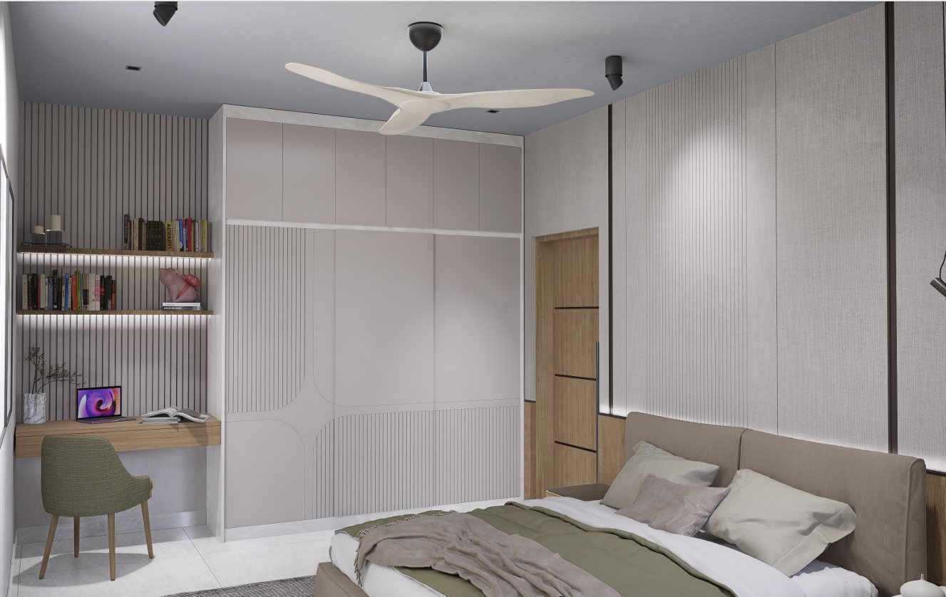 Bedroom with study nook and shelving