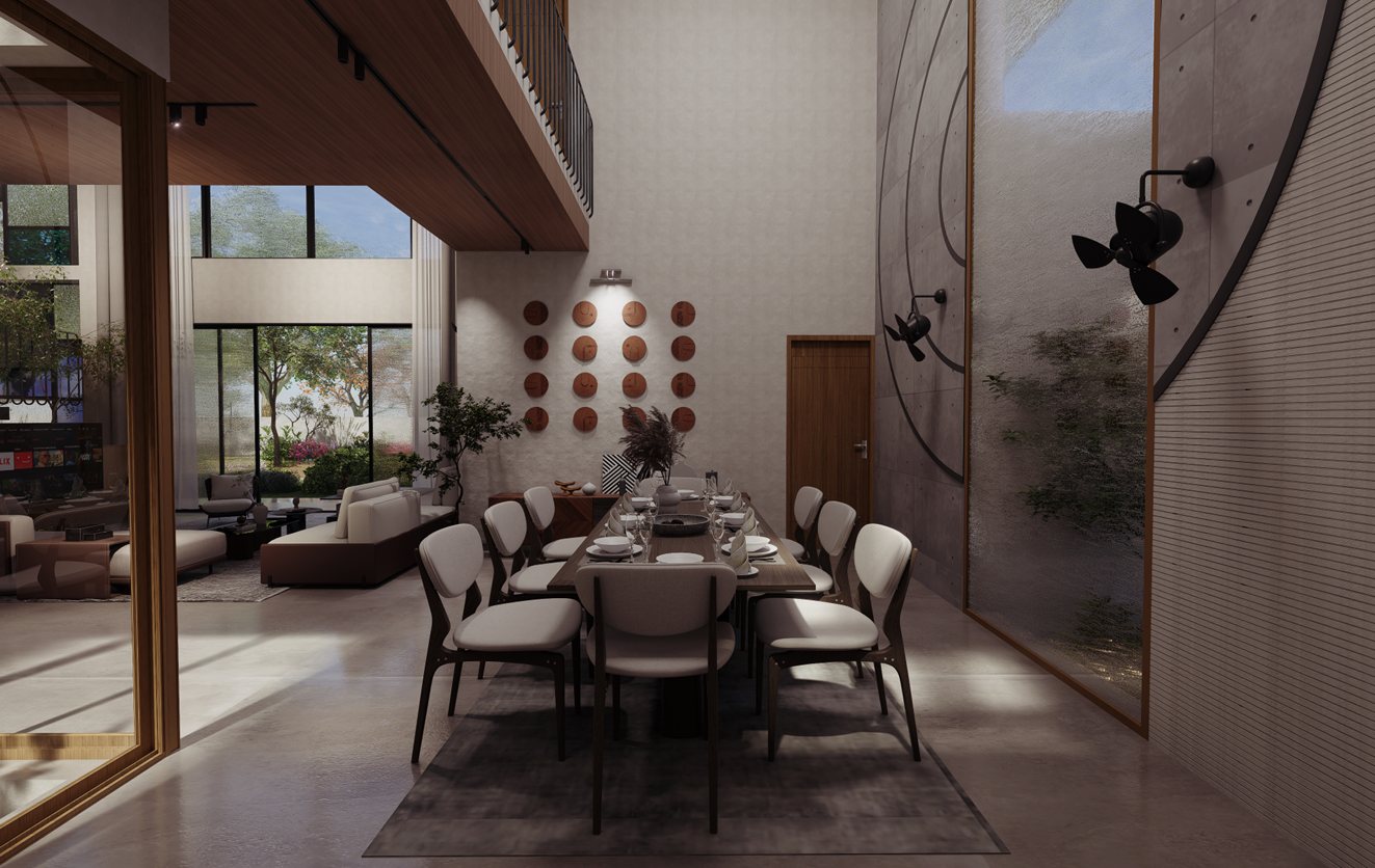 Double-height dining room with glass doors